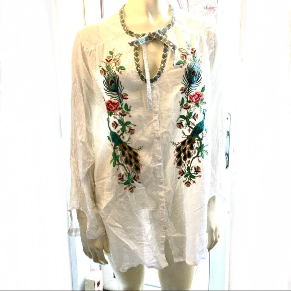 Johnny Was Pheasant Embroidered White Blouse L